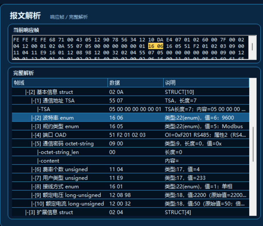 DLTStudio 协议解析界面，展示报文结构和字段级解析信息